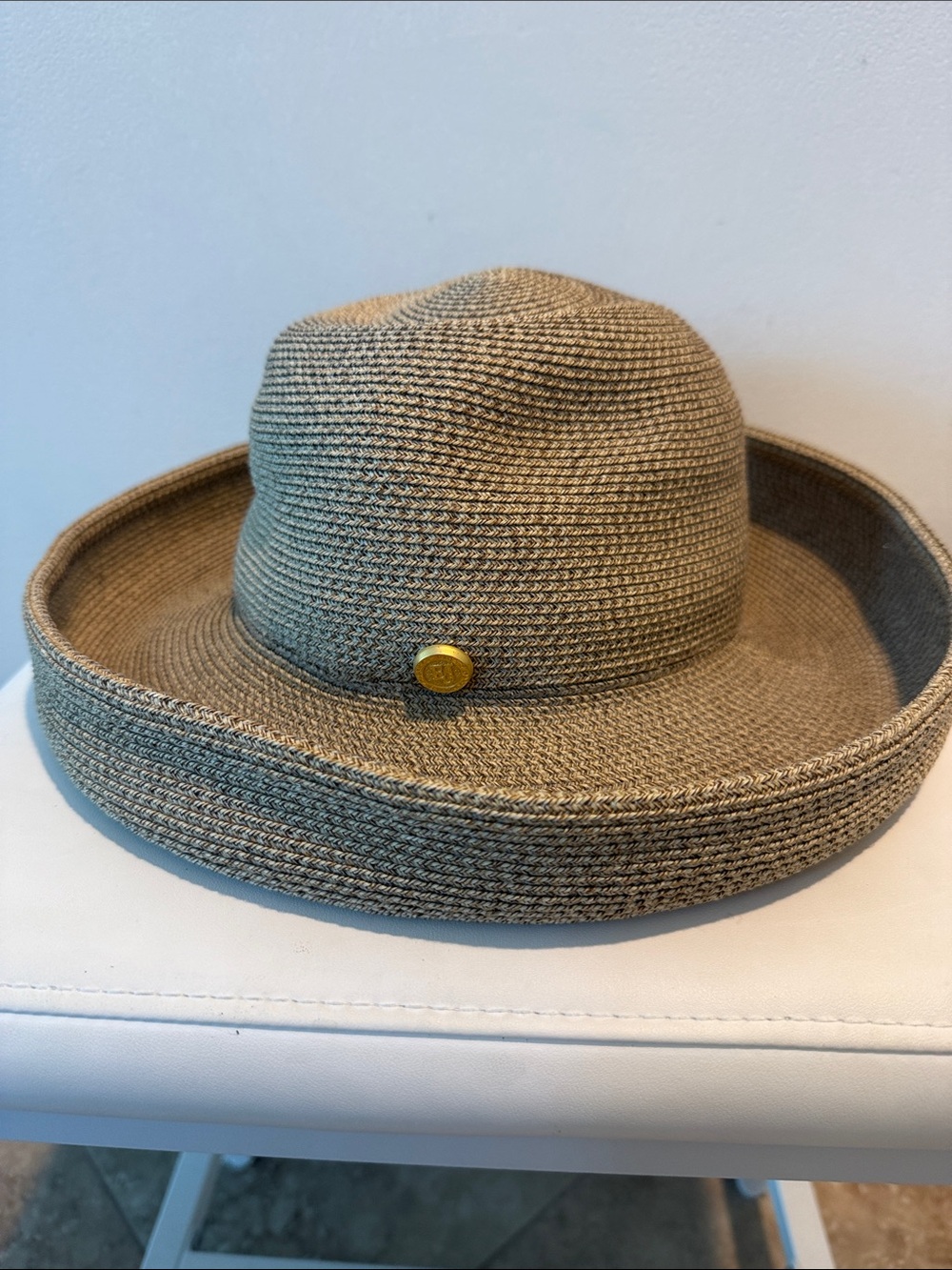 Eric Javits Taupe Braided Straw Packable Squishee Hat with Gold Logo